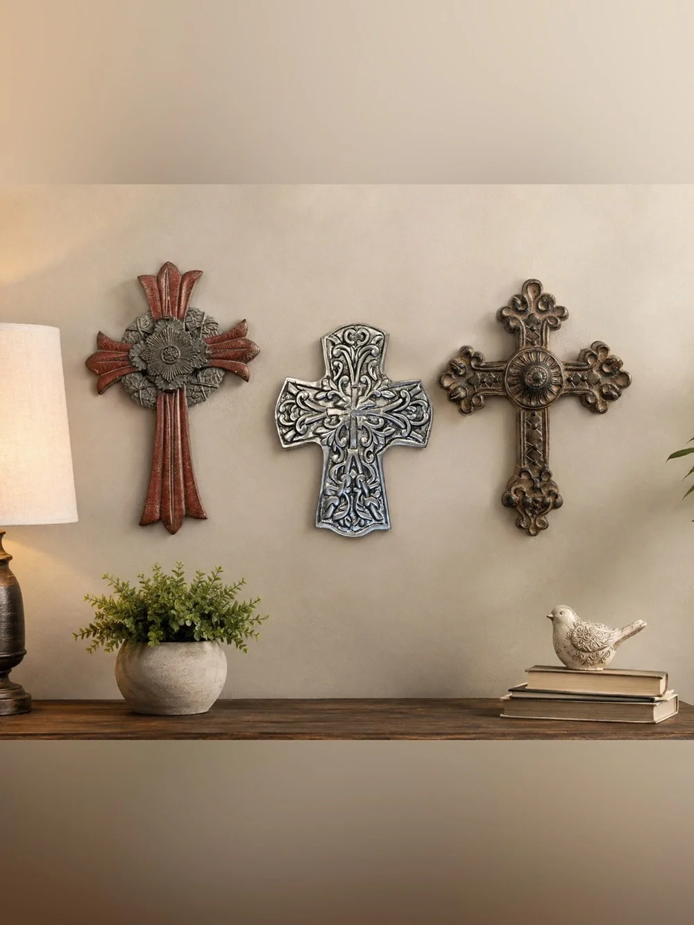 Decorative Metal Wall Crosses Set of 3 Red Silver Tone Bronze Tone